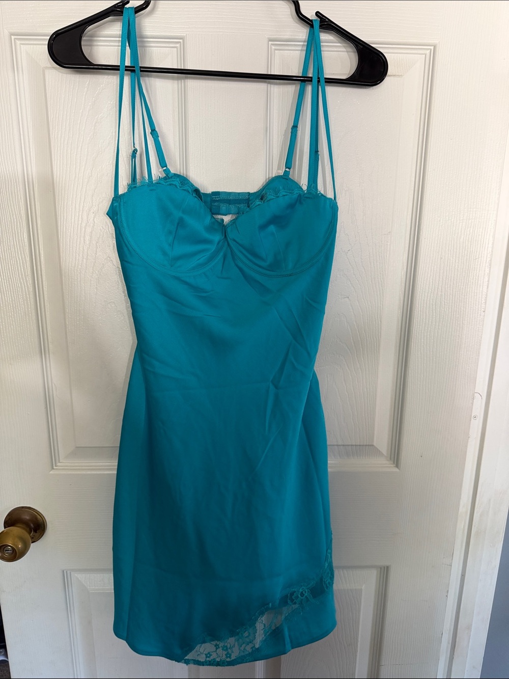 Meshki Teal Slip Mini Dress with Lace Hem